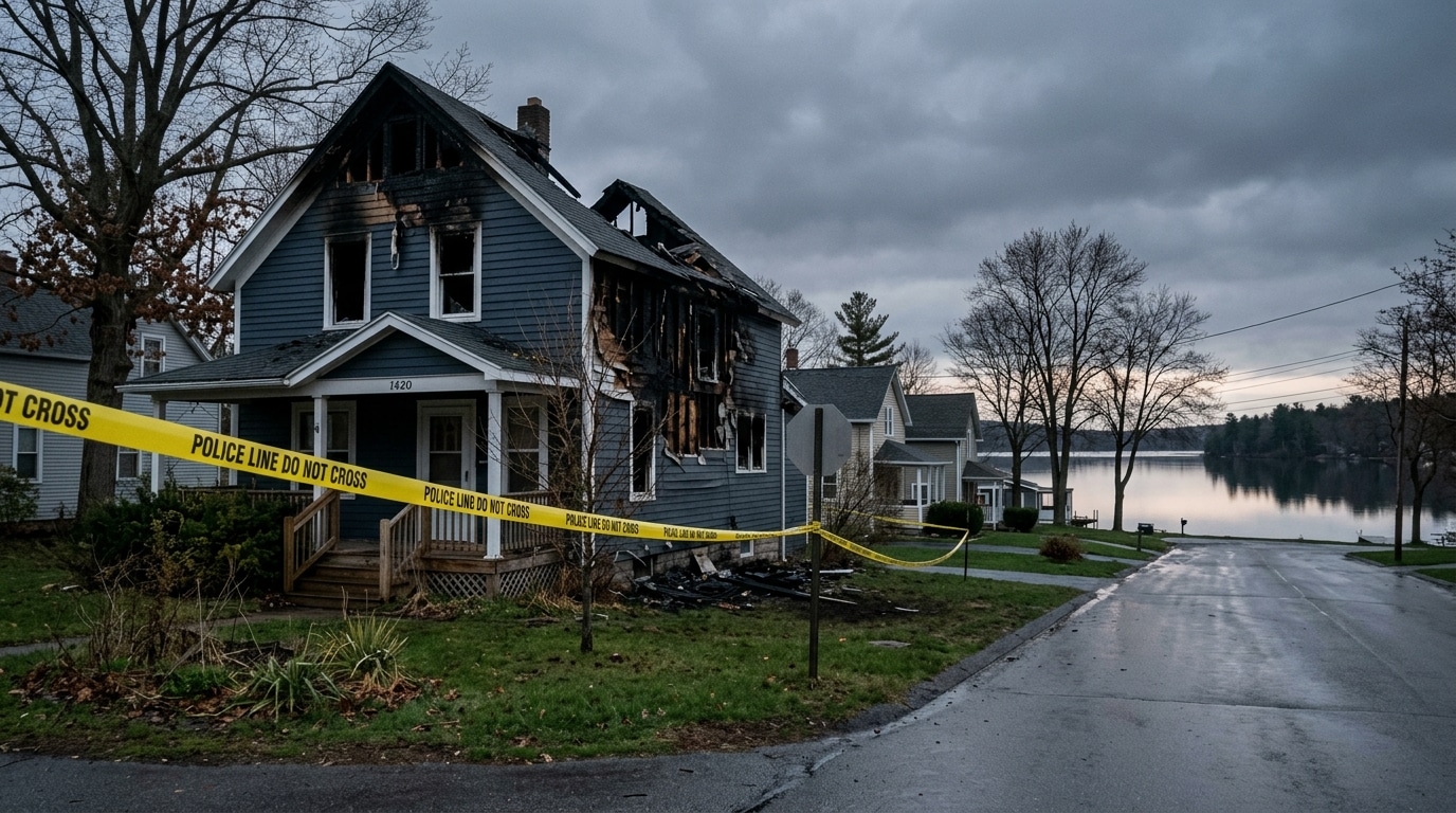 Ruban de police devant une maison abîmée