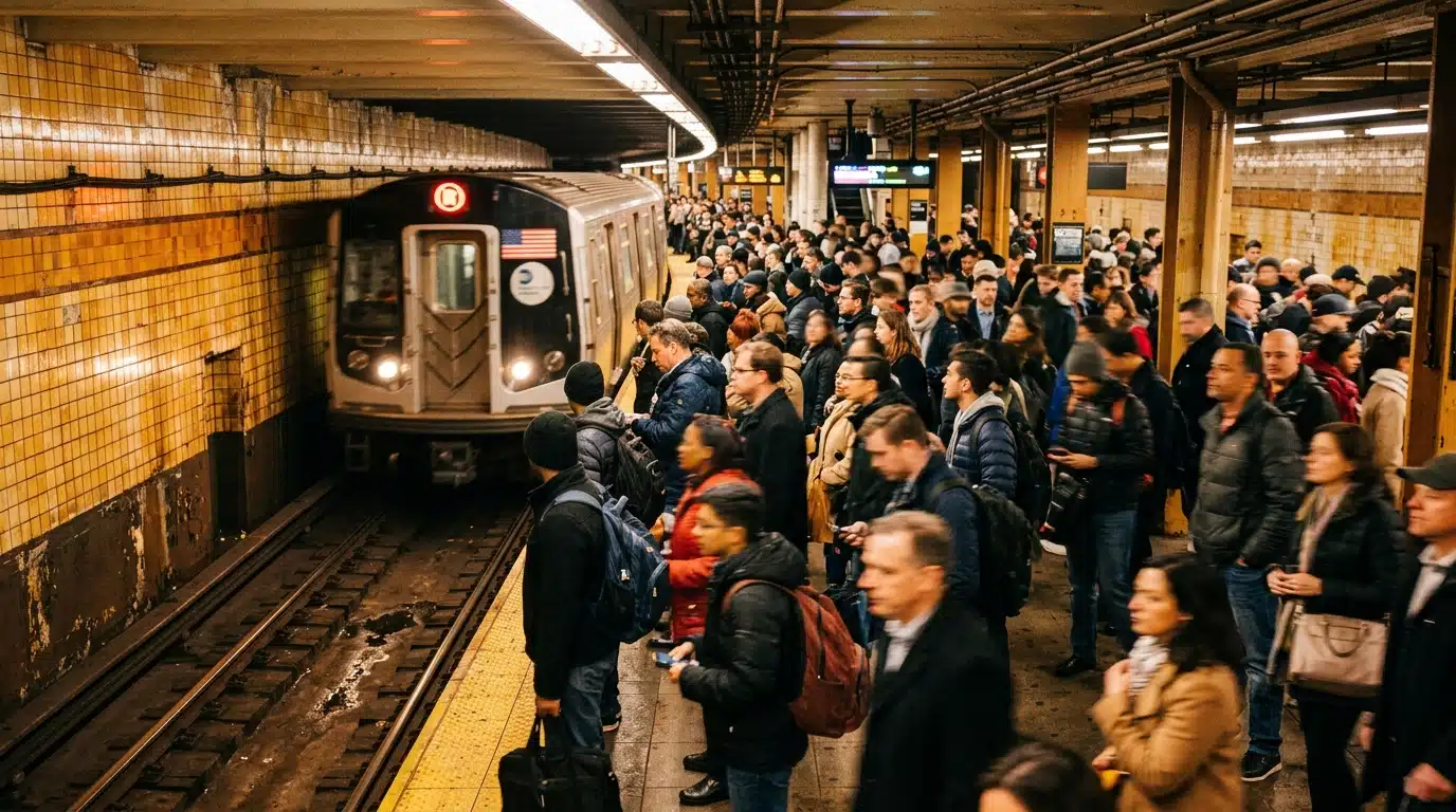 Quai de métro new-yorkais bondé aux heures de pointe