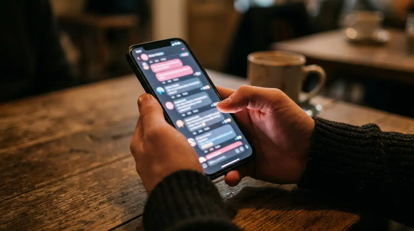 Smartphone flouté affichant une interface de réseau social