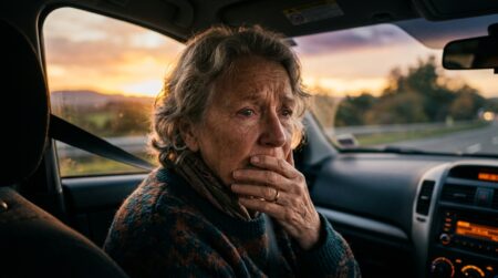 Femme âgée inquiète assise dans une voiture