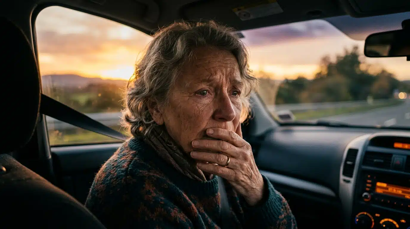 Femme âgée inquiète assise dans une voiture