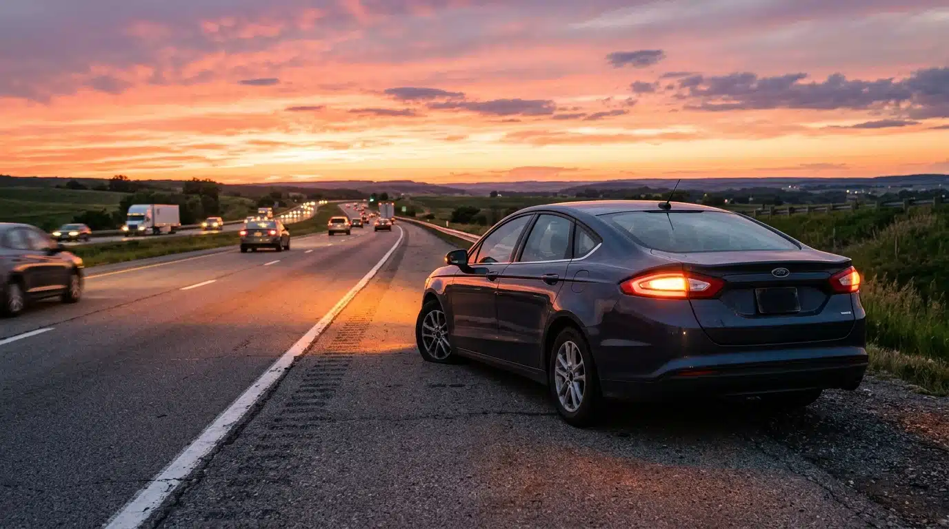Voiture en panne sur le bord d'une route américaine