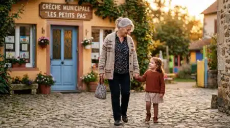 Grand-mère tenant la main d'un enfant devant une crèche