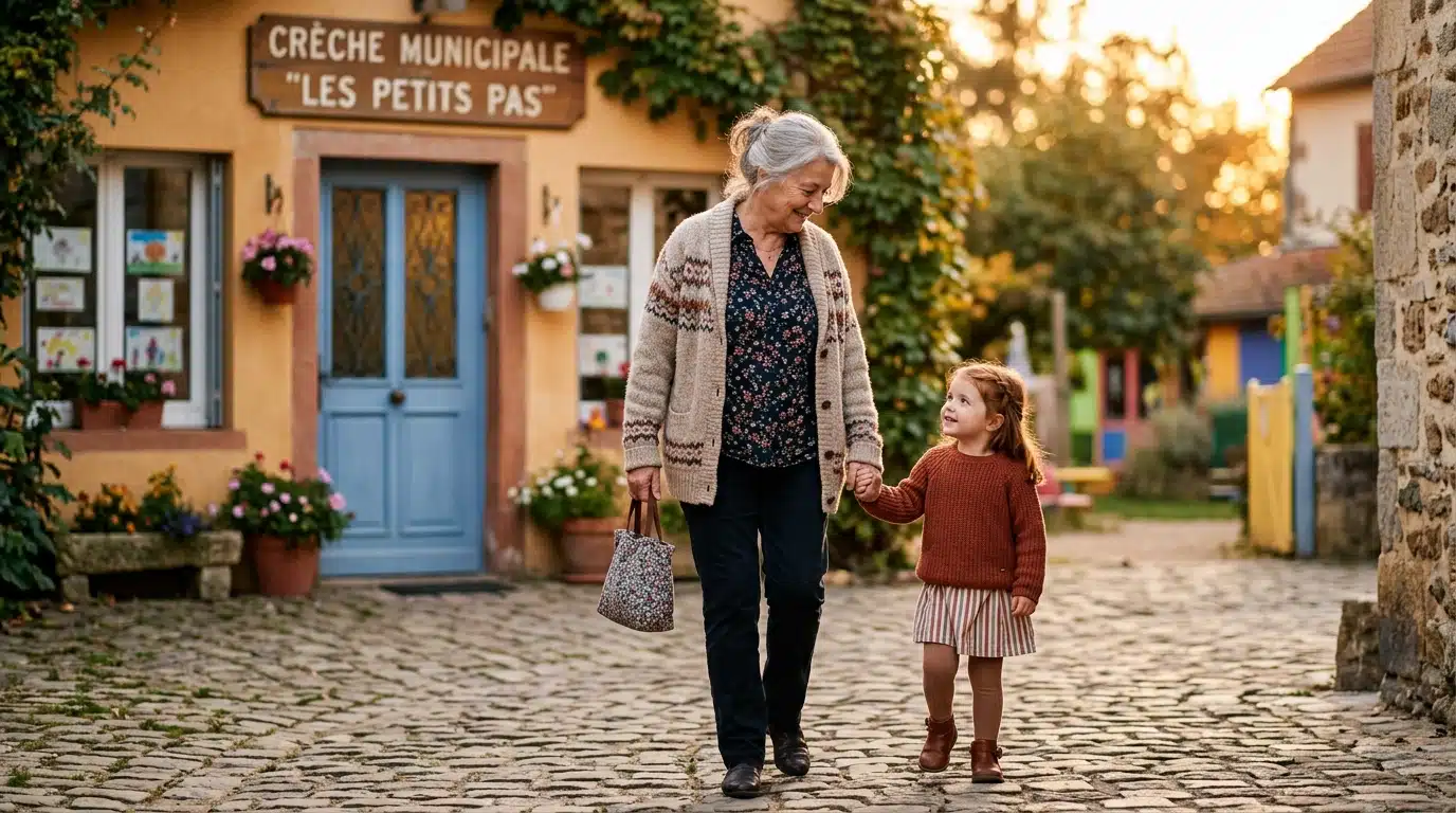 Grand-mère tenant la main d'un enfant devant une crèche
