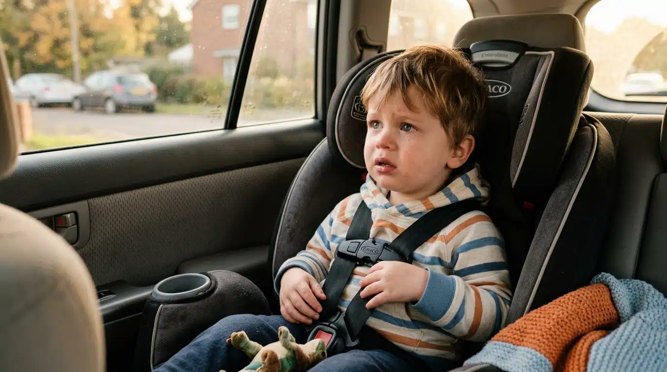 Enfant confus assis dans un siège auto de voiture