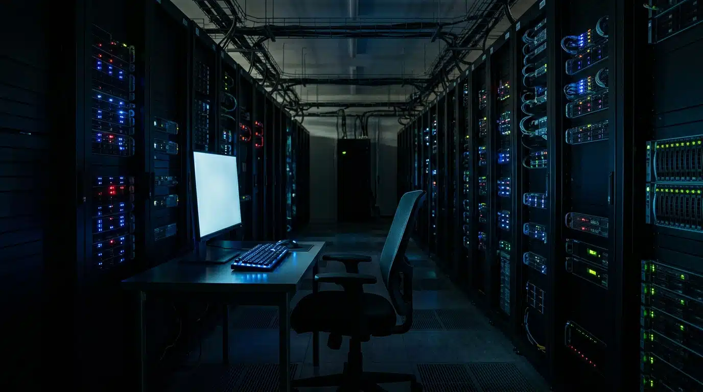 Rangée de serveurs informatiques dans un centre de données la nuit