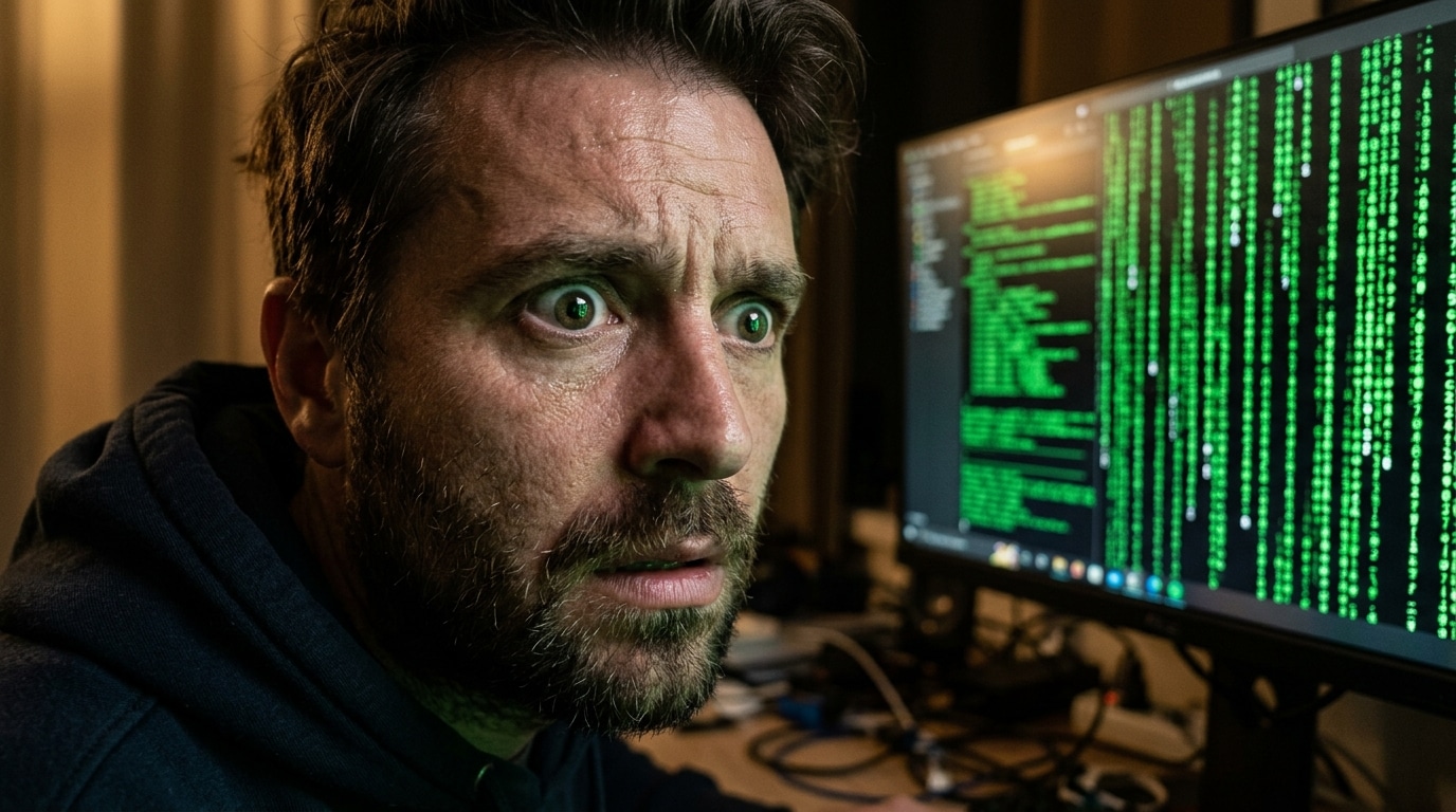 Visage stupéfait face à un écran affichant du code