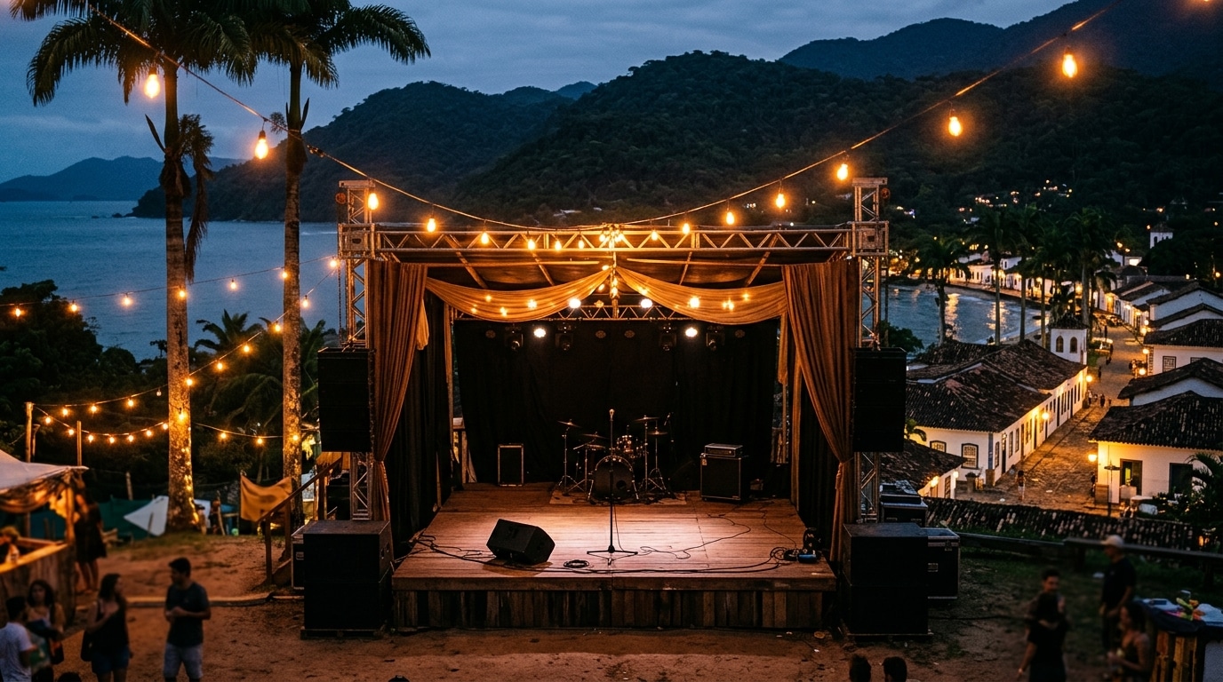 Scène de festival vide avec micro et lumières dorées
