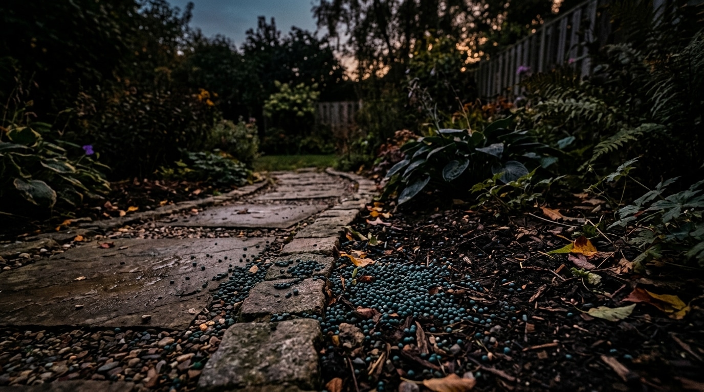 Allée de jardin avec granulés anti-limaces au sol
