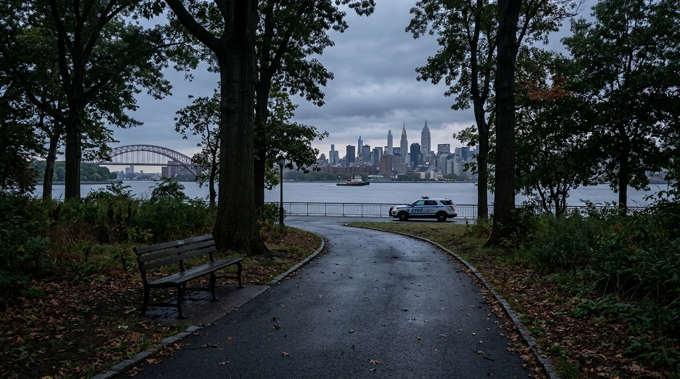 Astoria Park à l'aube où le mari a été retrouvé pendu