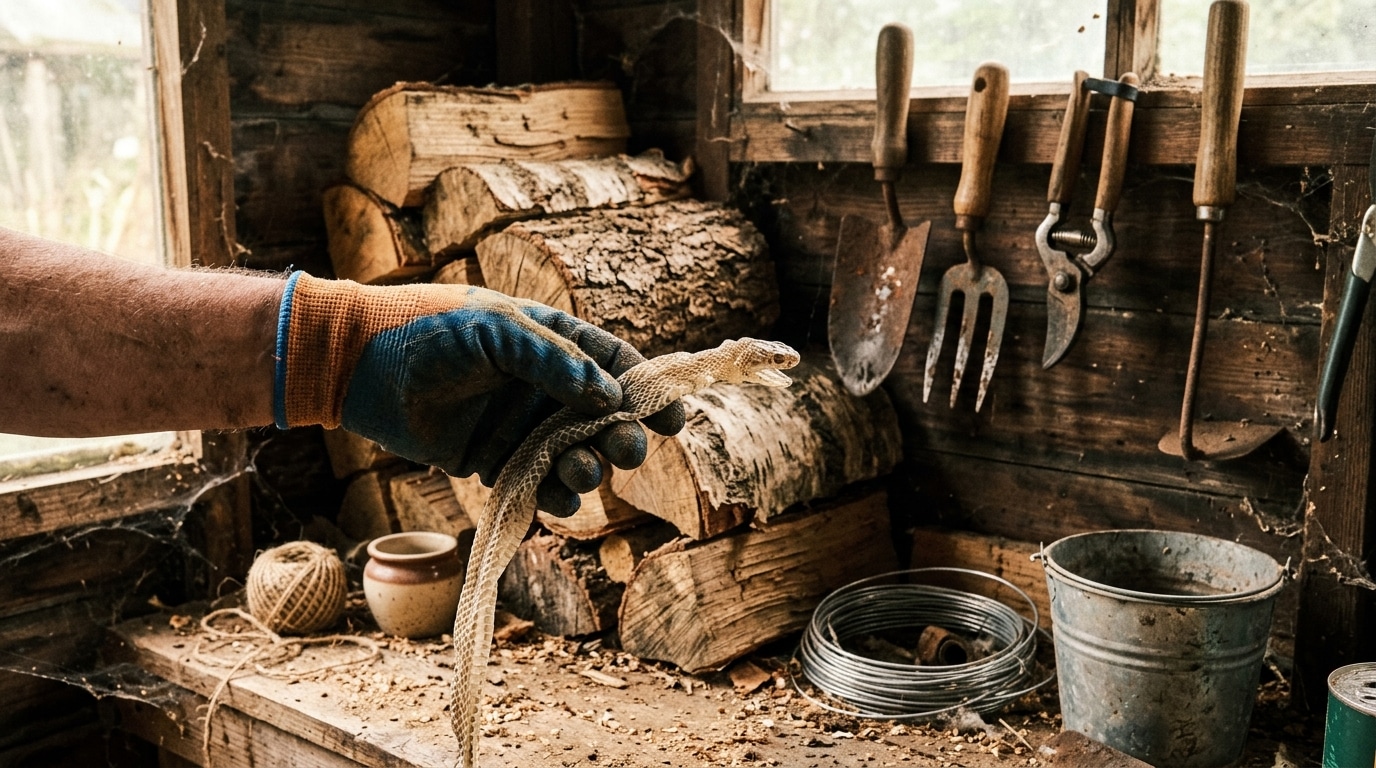 Main gantée examinant une mue de serpent séchée