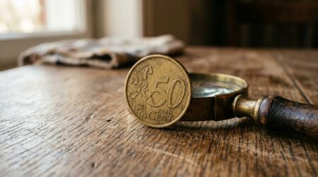 Pièce de 50 centimes examinée à la loupe sur bureau