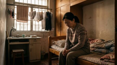 Chambre urbaine chinoise exiguë avec lit et fenêtre à barreaux