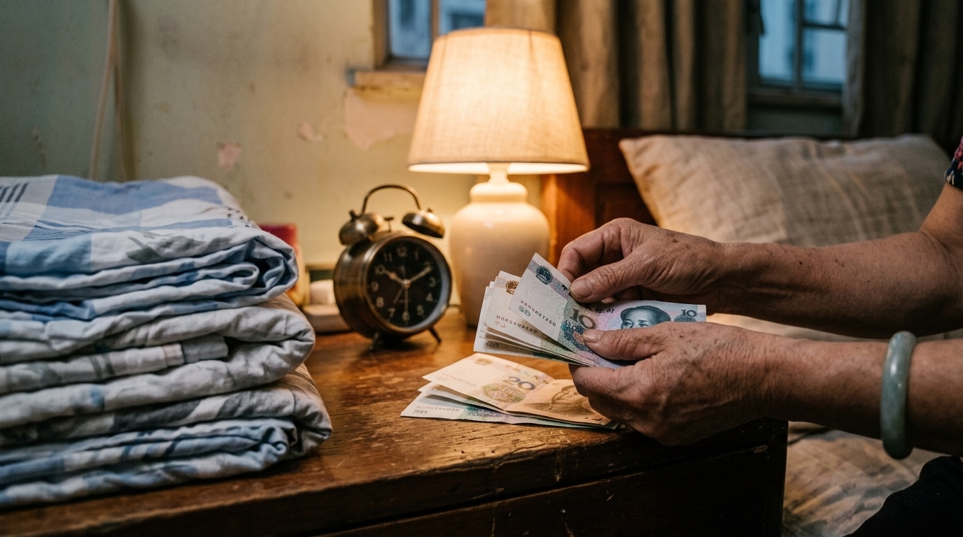 Mains comptant des billets de yuans près d'un lit