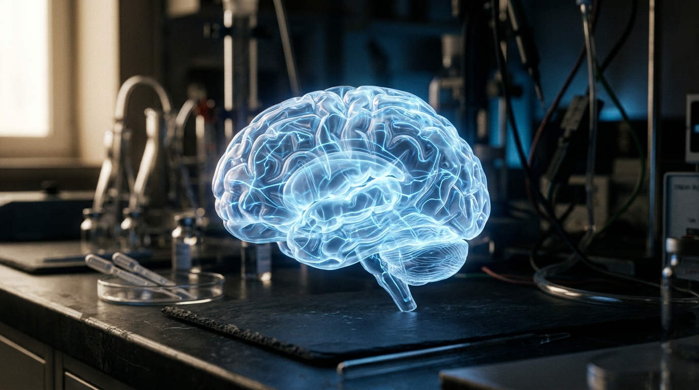 Modèle de cerveau lumineux sur table de laboratoire