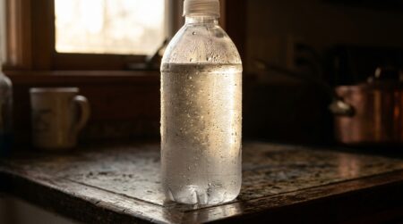 Bouteille d'eau en plastique avec particules en suspension visibles