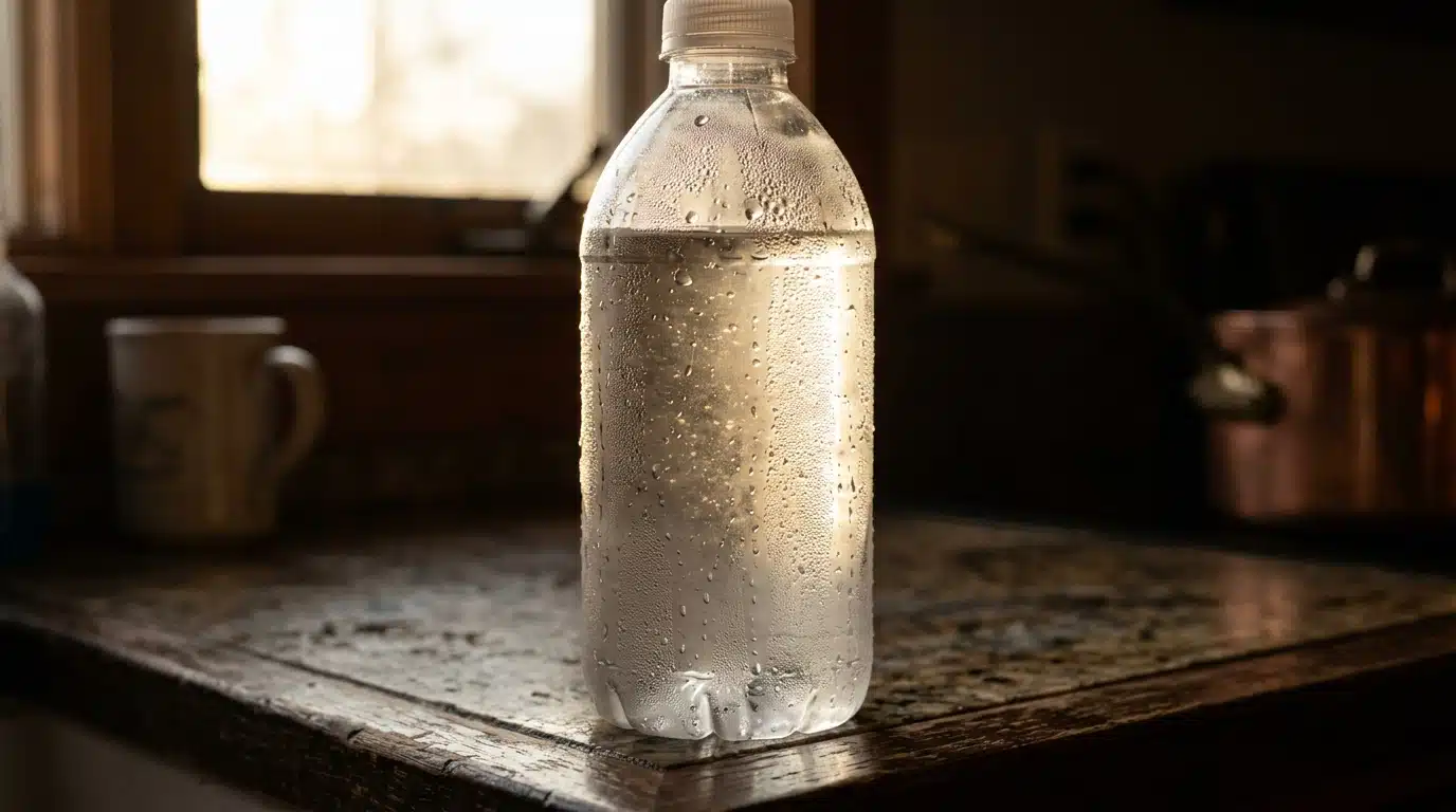 Bouteille d'eau en plastique avec particules en suspension visibles