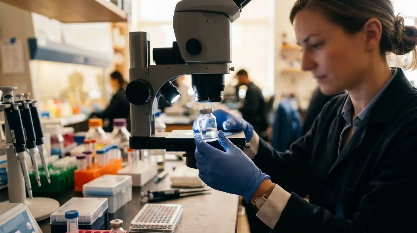 Main gantée tenant un échantillon d'eau en laboratoire