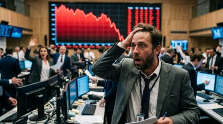 Trader stupéfait devant un graphique boursier qui s'effondre
