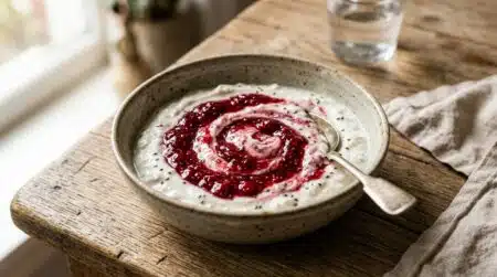Bol de kéfir nappé de confiture maison framboise et chia