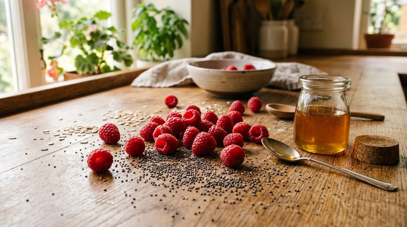 Framboises fraîches et graines de chia sur plan de travail