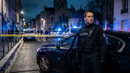 Policier examine un véhicule suspect la nuit