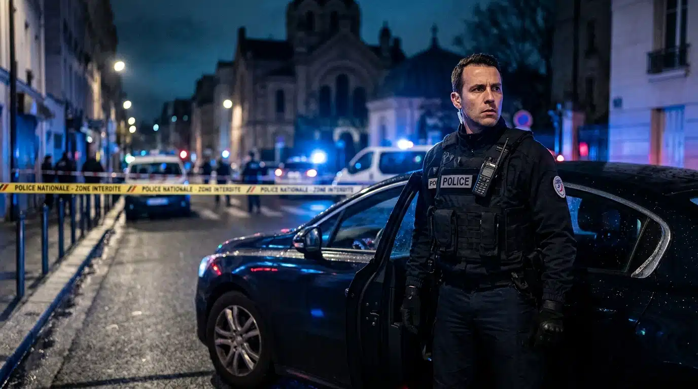 Policier examine un véhicule suspect la nuit