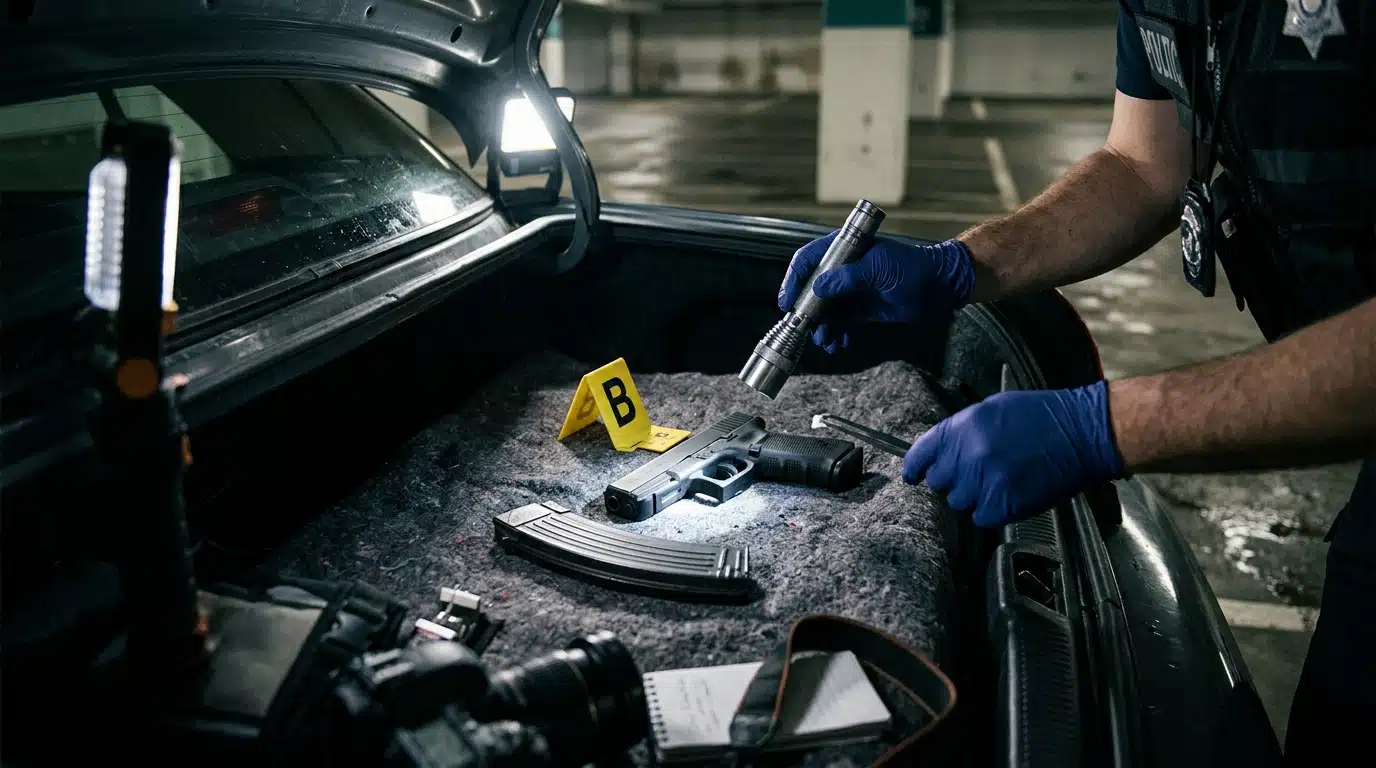 Inspection d'armes dans un coffre de voiture