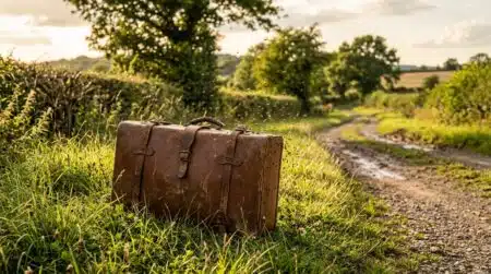 Valise abandonnée entourée de mouches sur un chemin