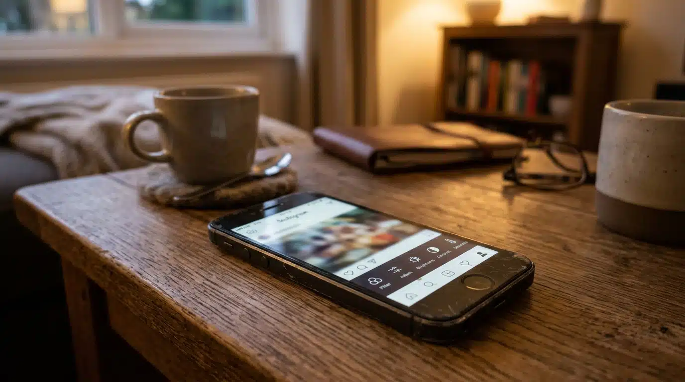 Smartphone affichant une interface de retouche photo floutée