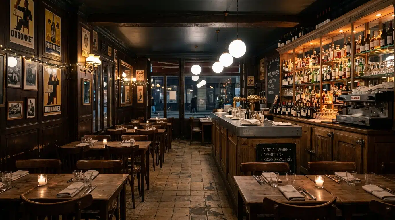 Intérieur d'un bar français la nuit, tables et chaises vides, ambiance tamisée