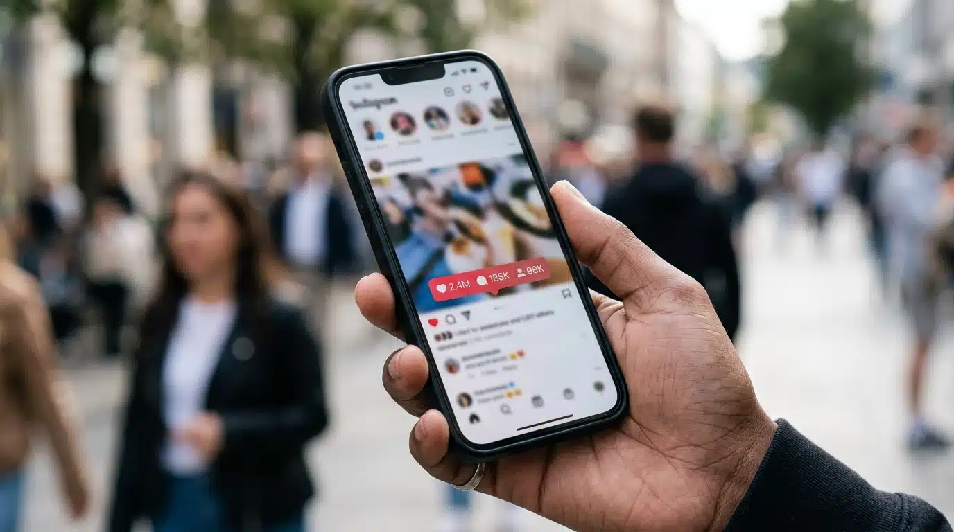 Smartphone affichant un fil de réseau social flouté avec des statistiques de partage