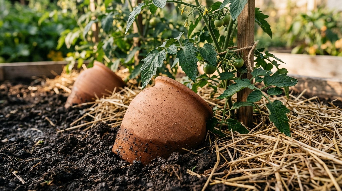 Oyas en terre cuite enterrées près des plants de tomates