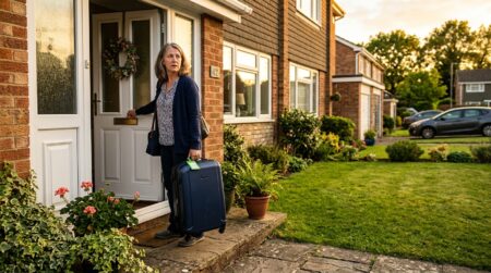 Femme inquiète devant sa maison avant de partir en vacances