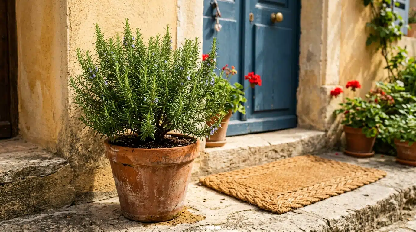 Plant de romarin près d'un paillasson d'entrée