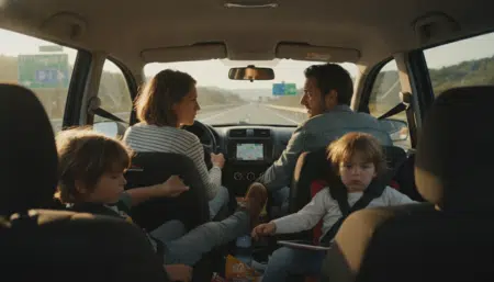 Famille en voiture sur l'autoroute avec enfants impatients