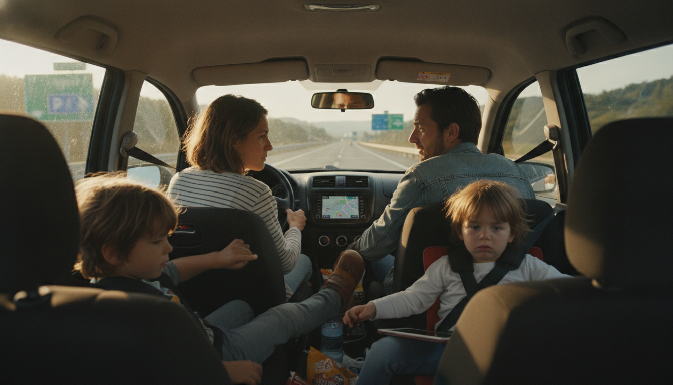 Famille en voiture sur l'autoroute avec enfants impatients