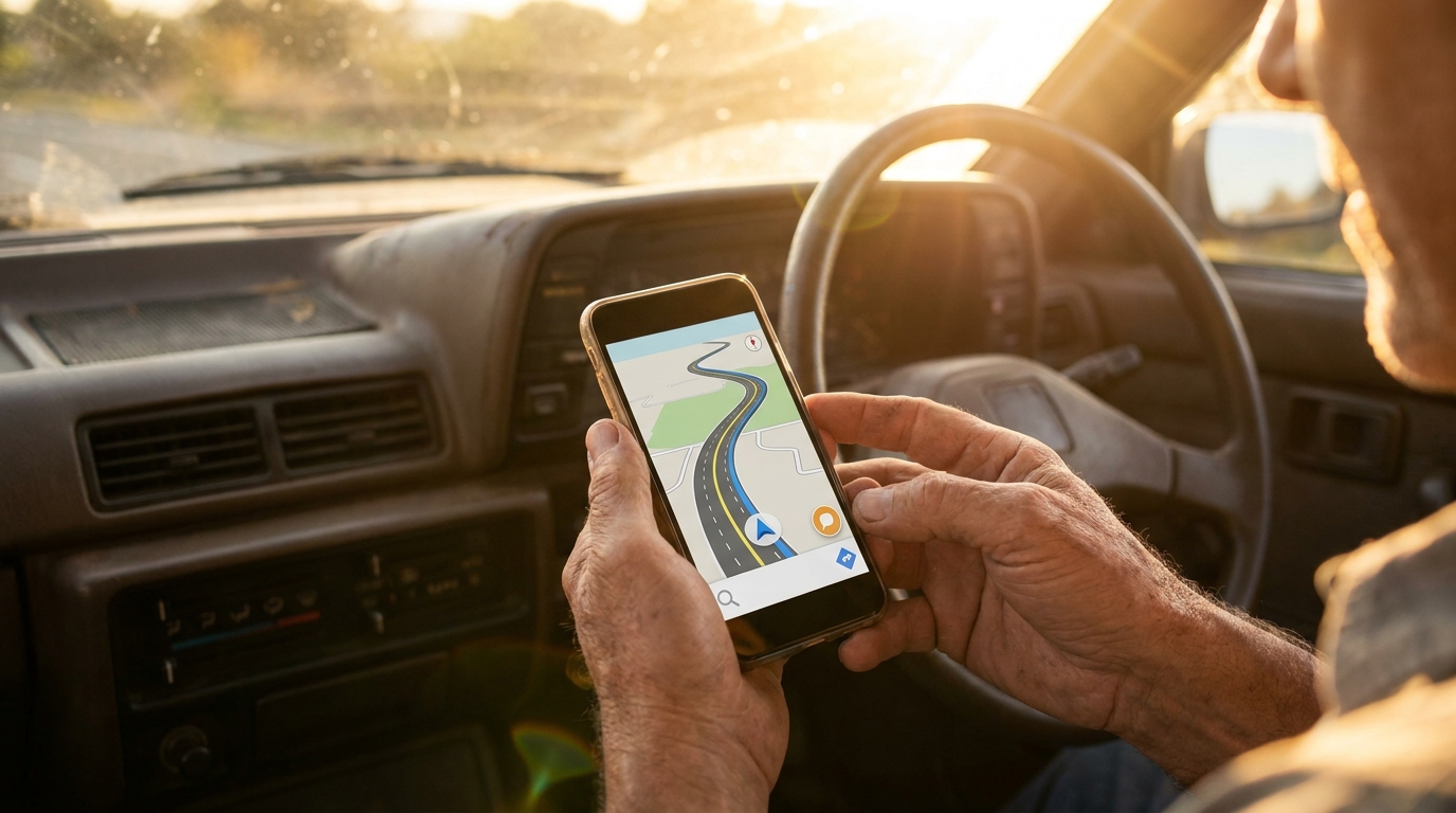 Automobiliste consultant son GPS sur smartphone avant un trajet