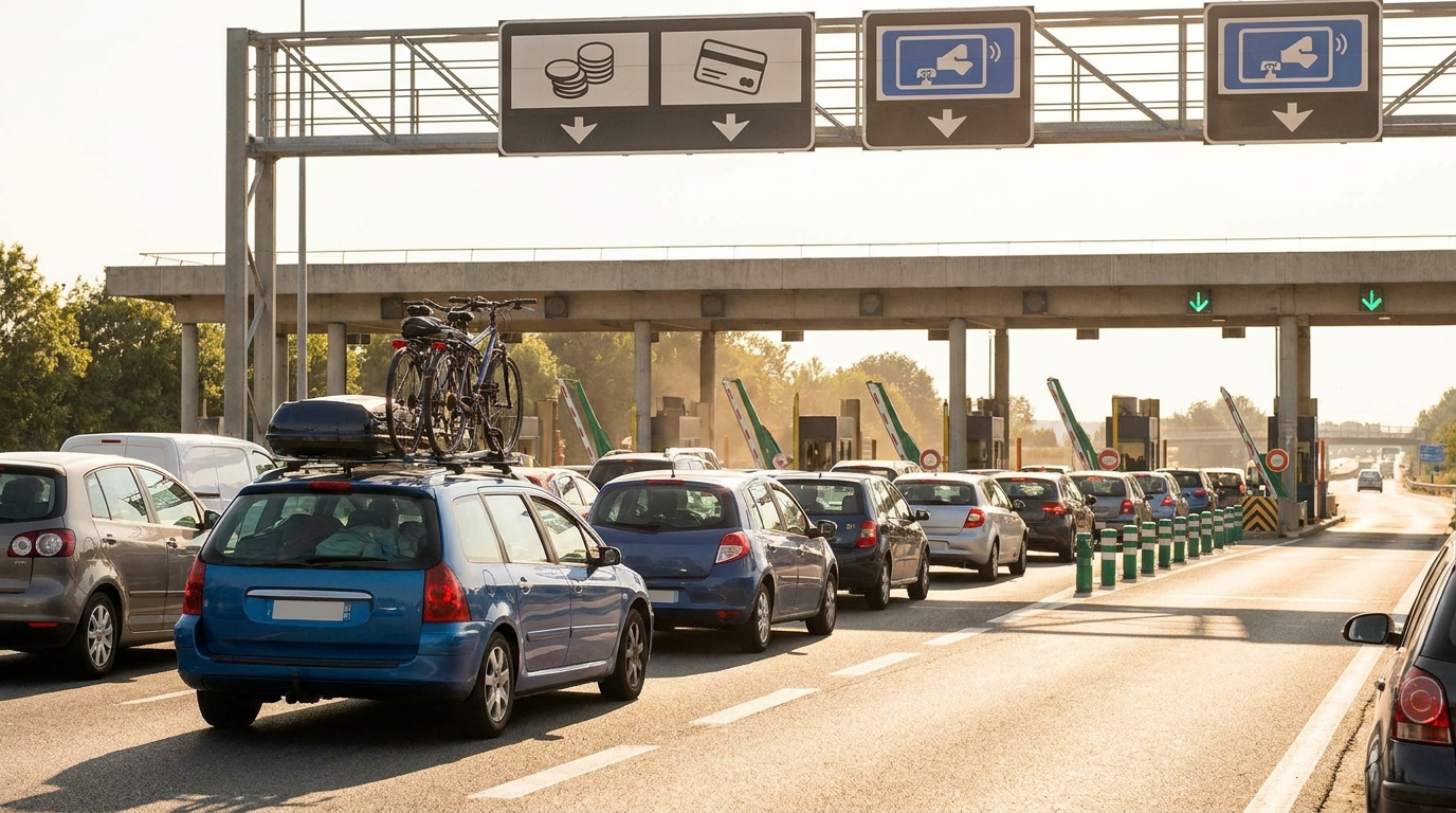 Voitures faisant la queue à un péage d'autoroute en été