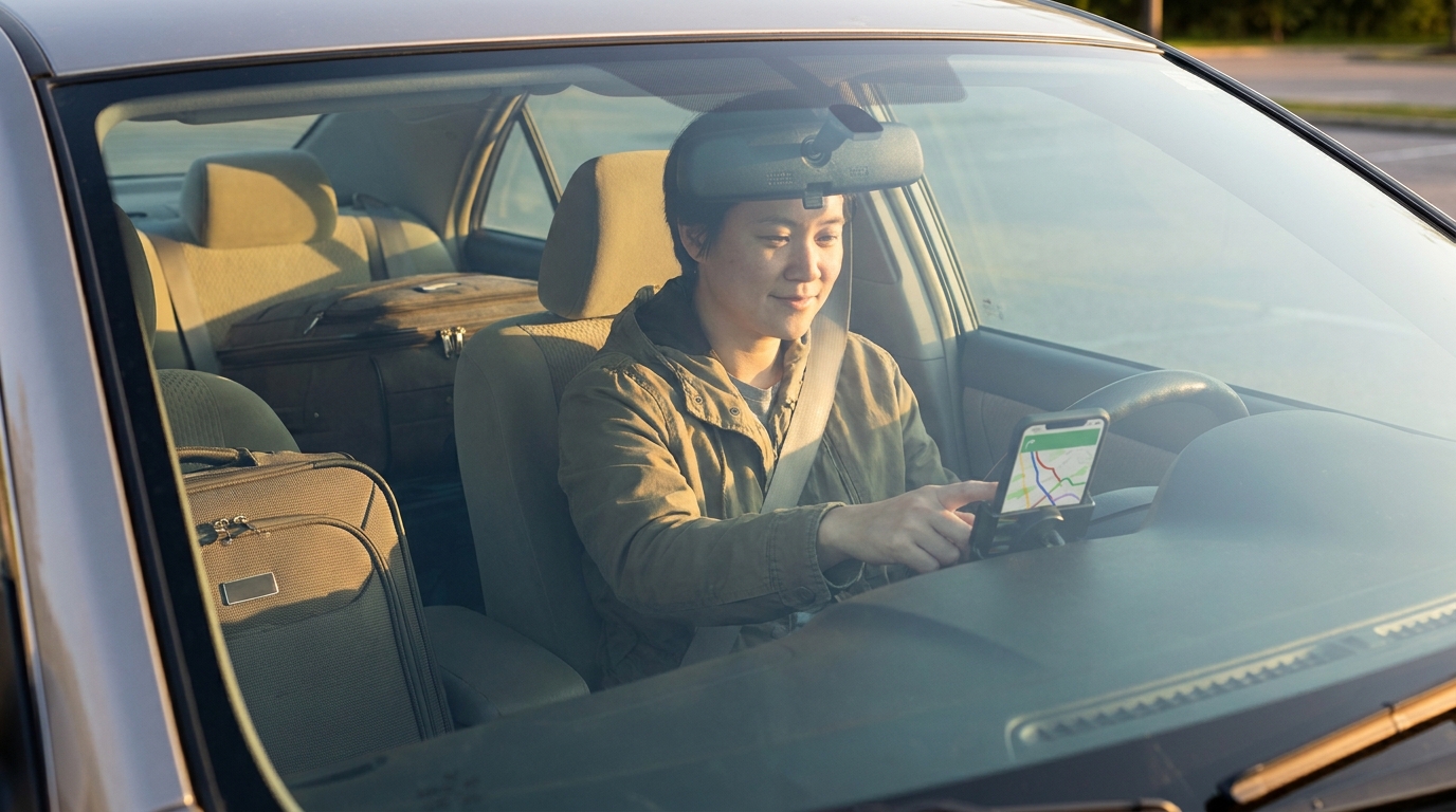 Conducteur comparant les itinéraires GPS avant le départ en vacances