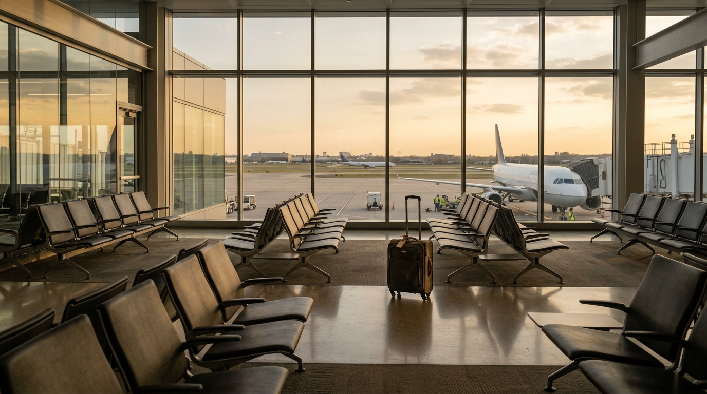 Salle d'attente d'aéroport vide avec valise abandonnée