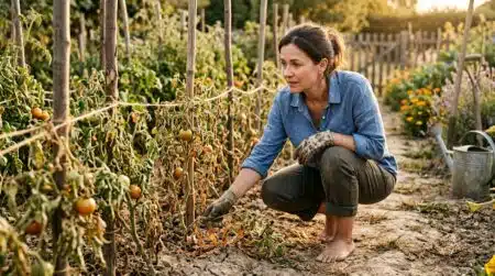 Femme inspectant des plantes desséchées dans son jardin