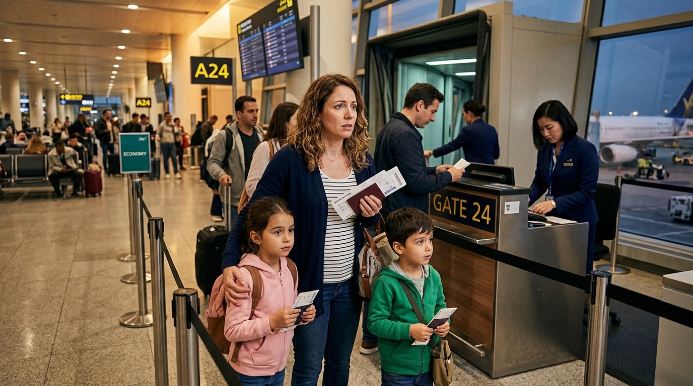 Famille bloquée à la porte d'embarquement à l'aéroport