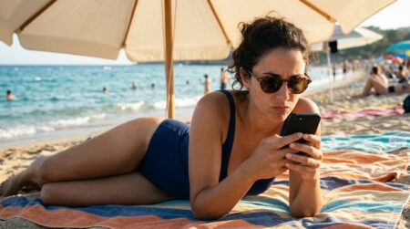 Personne allongée sur une plage consultant son smartphone