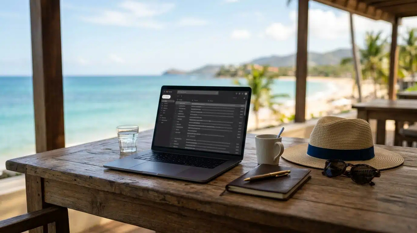 Ordinateur portable et chapeau de paille sur un bureau