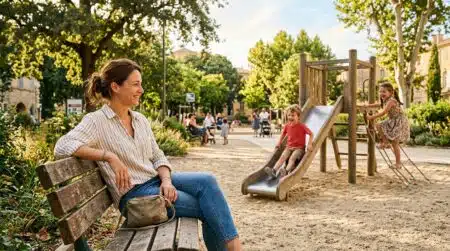 Mère souriante surveille ses enfants jouer dans un parc