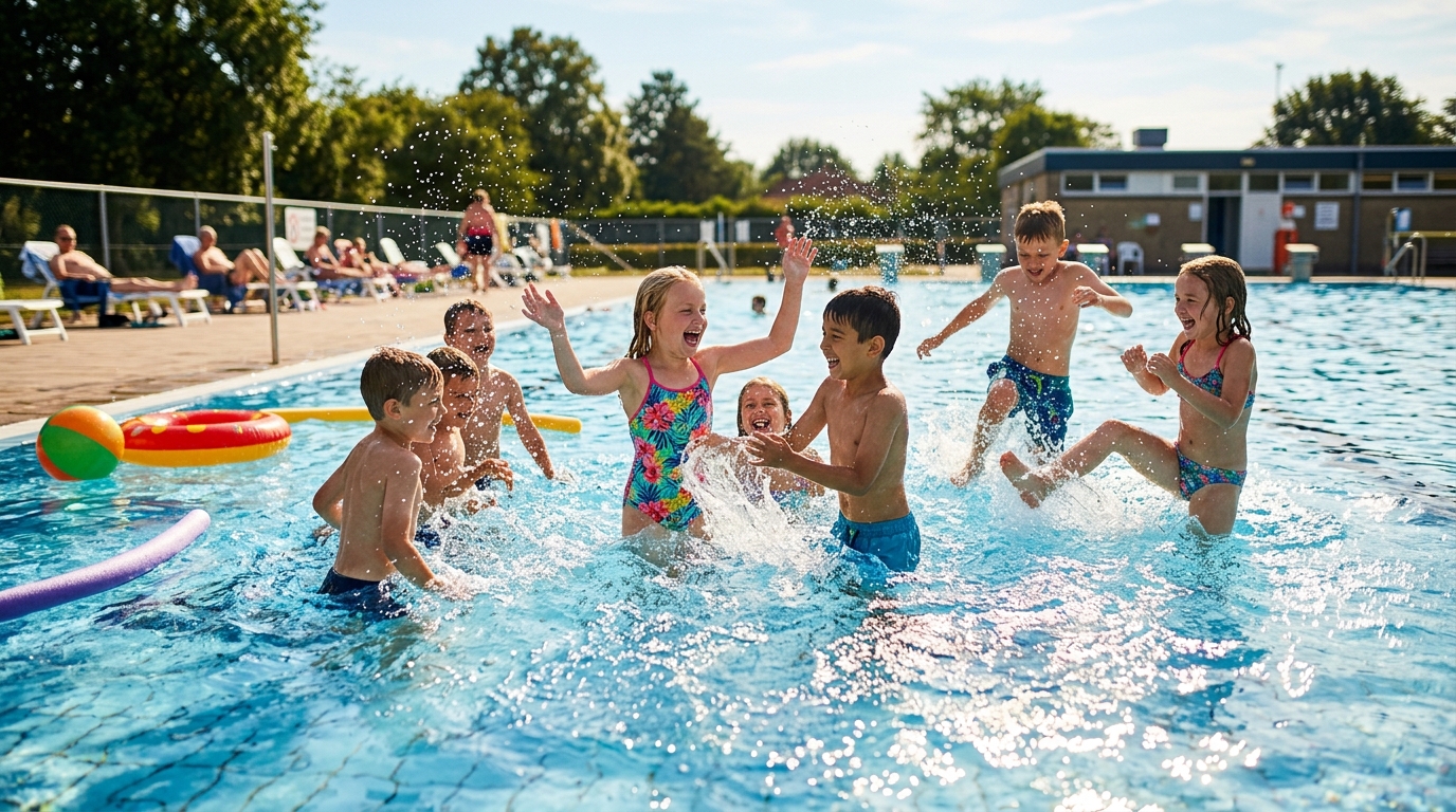 Enfants s'amusant dans une piscine municipale l'été