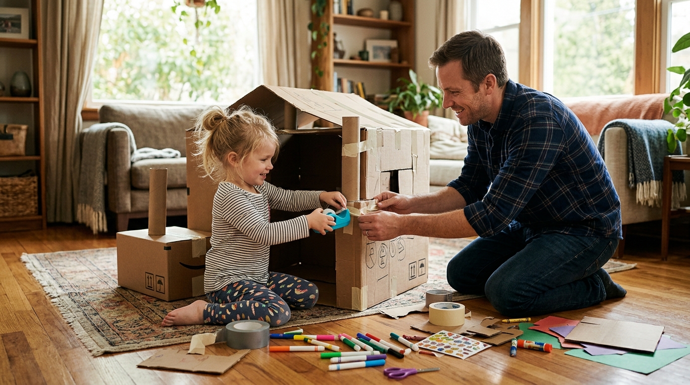 Père et fille bricolent une cabane en carton ensemble