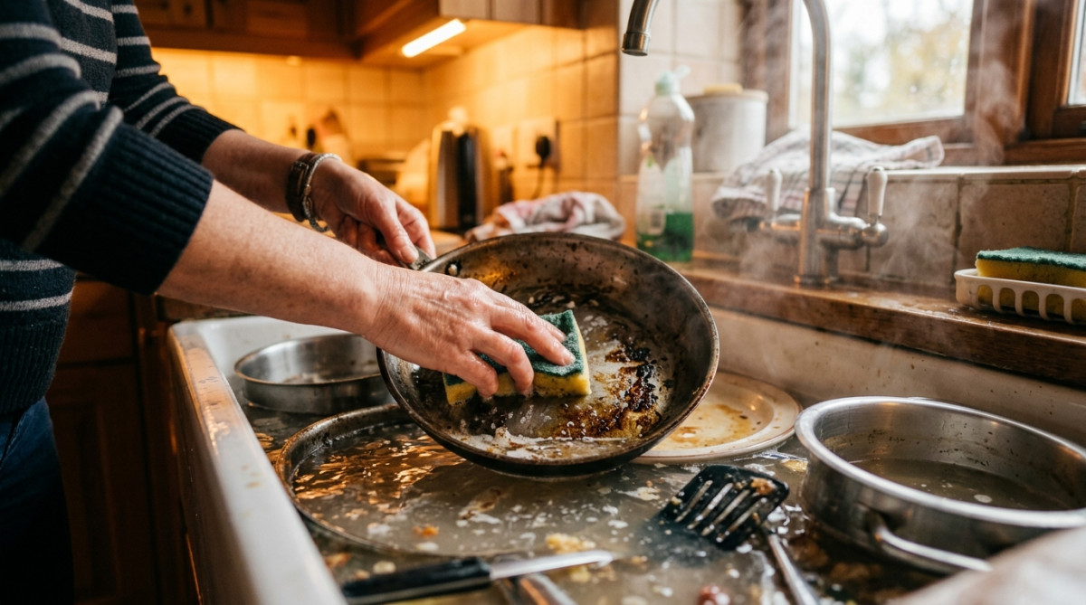 Vaisselle grasse trempée dans l'eau de cuisson des pâtes