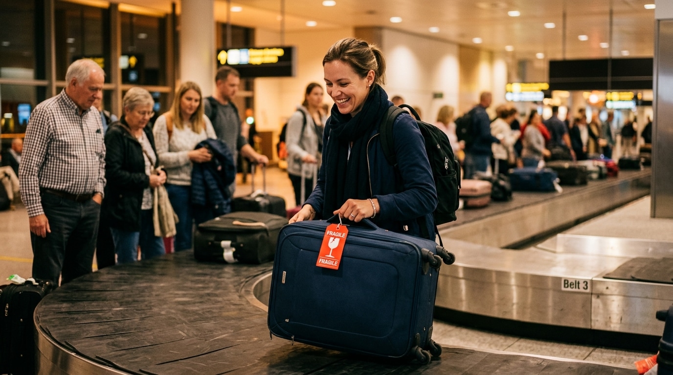 Voyageur récupère sa valise avec étiquette fragile sur le tapis
